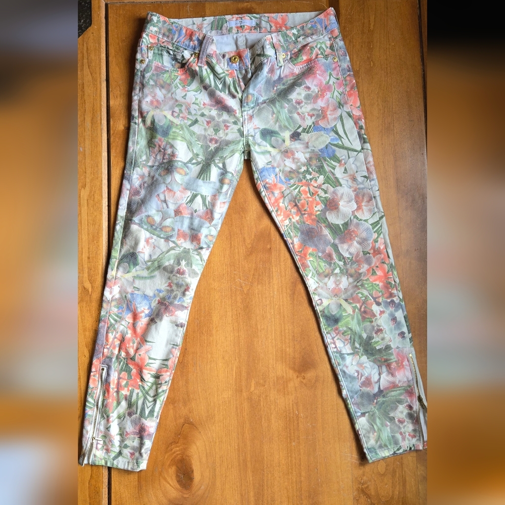 7 For All Mankind Floral Skinny Jeans Size 28 Colorful Botanical Print Ankle Zip